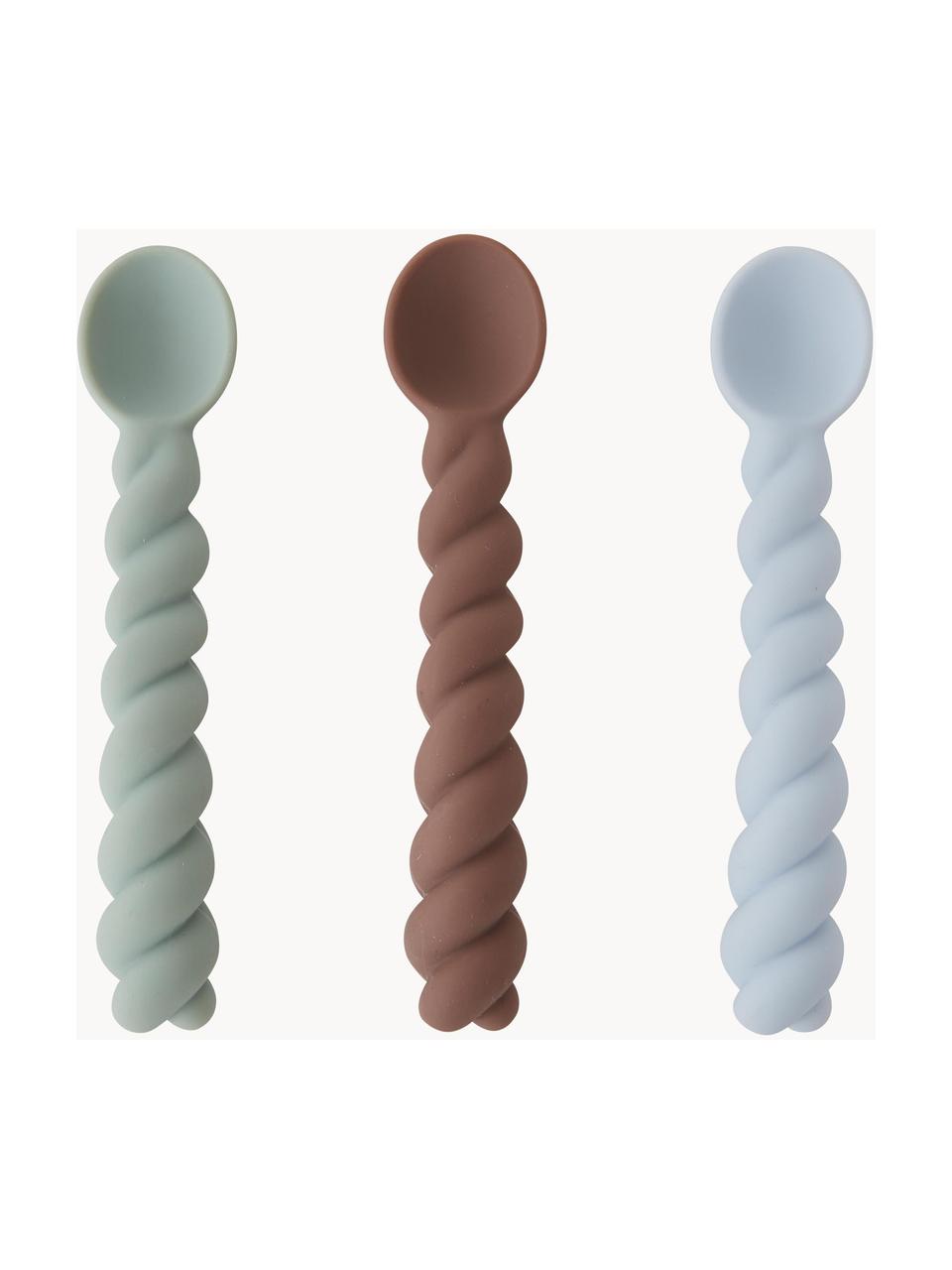 Cuillères pour enfant Mellow, 3 élém., 100 % silicone, Vert sauge, brun, bleu ciel, larg. 3 x long. 13 cm