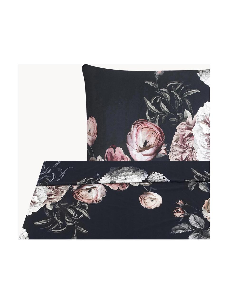 Drap plat en satin de coton Blossom, Noir, larg. 180 x long. 300 cm