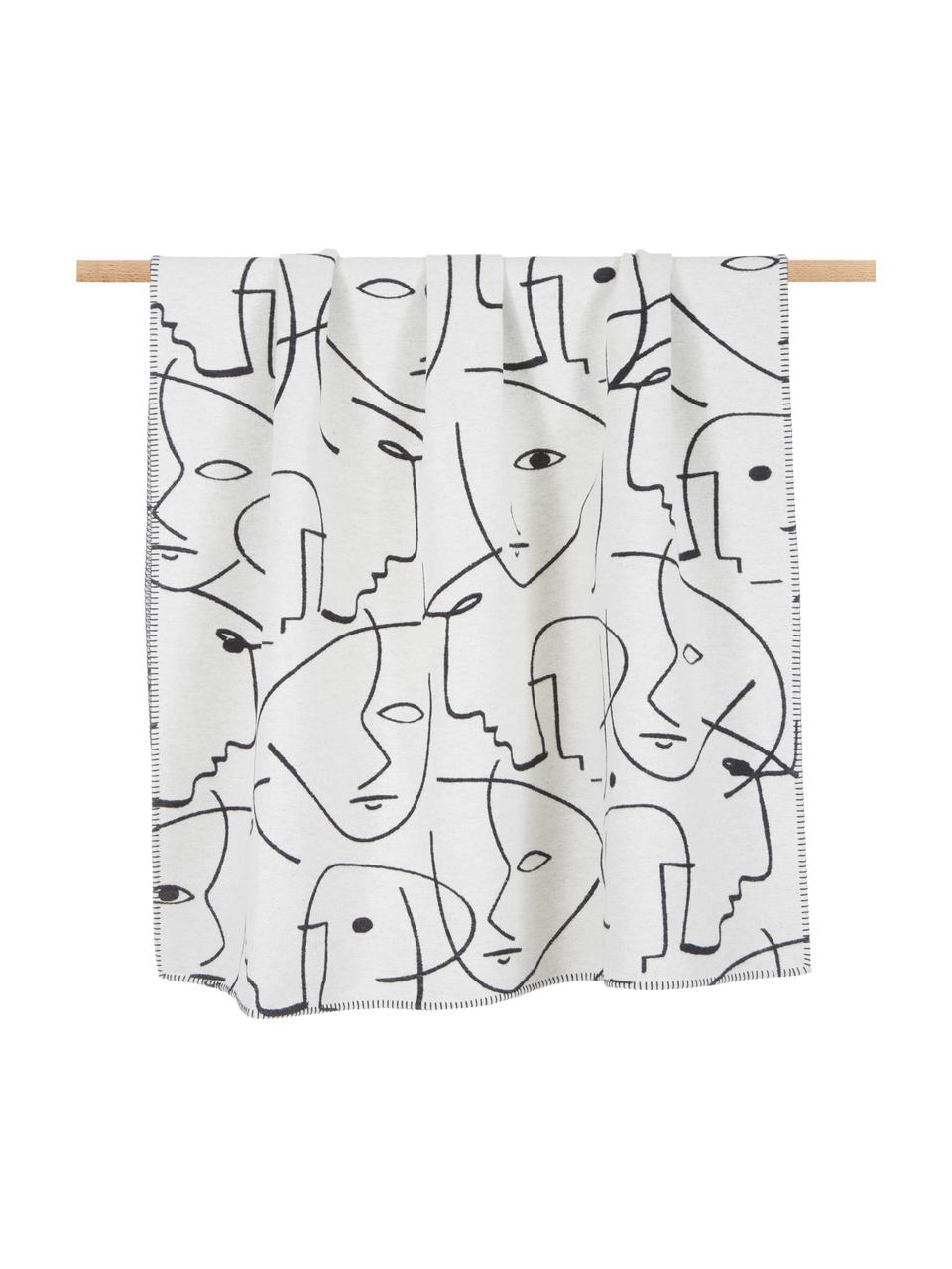 Katoenen plaid Faces met One-line tekening, 85% katoen, 15% polyacryl, Wit, zwart, B 140 x L 200 cm