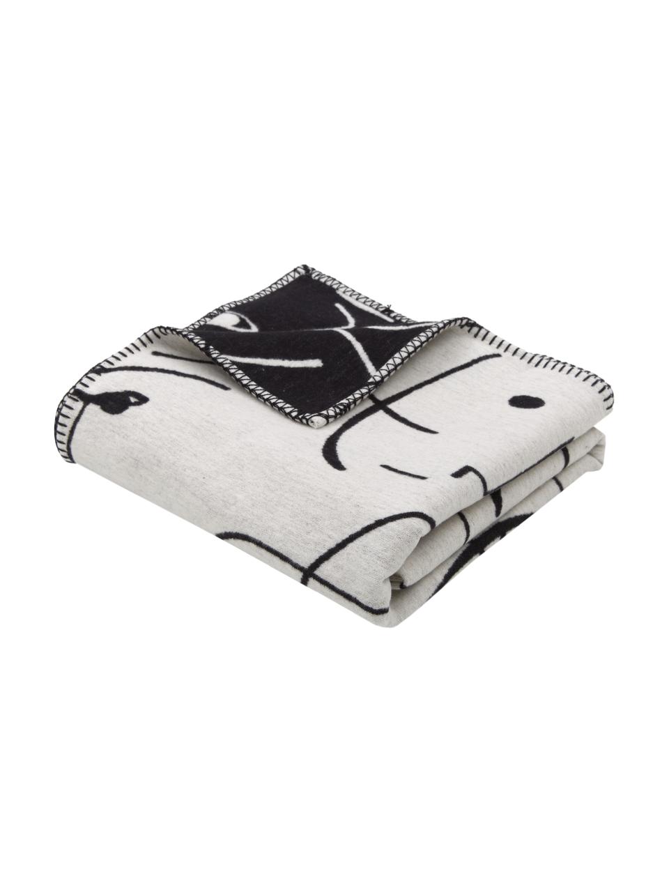 Plaid réversible en coton noir et blanc design One-Line Faces, 85 % coton, 15 % polyacrylique, Blanc, noir, larg. 140 x long. 200 cm