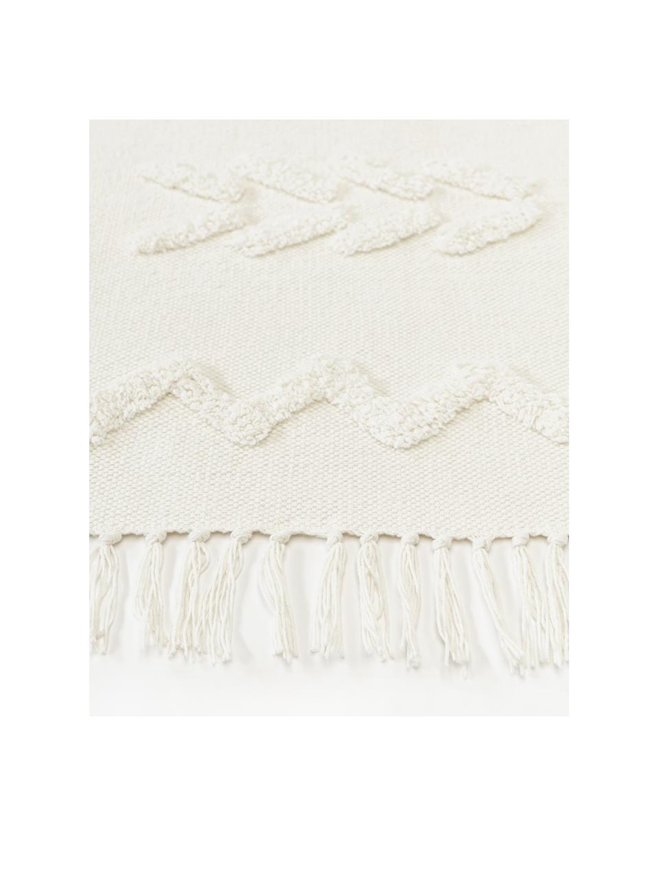 Ručne tkaný bavlnený koberec so strapcami a reliéfnou štruktúrou Fenna, 100 %  bavlna, Krémovobiela, Š 80 x D 150 cm (veľkosť XS)