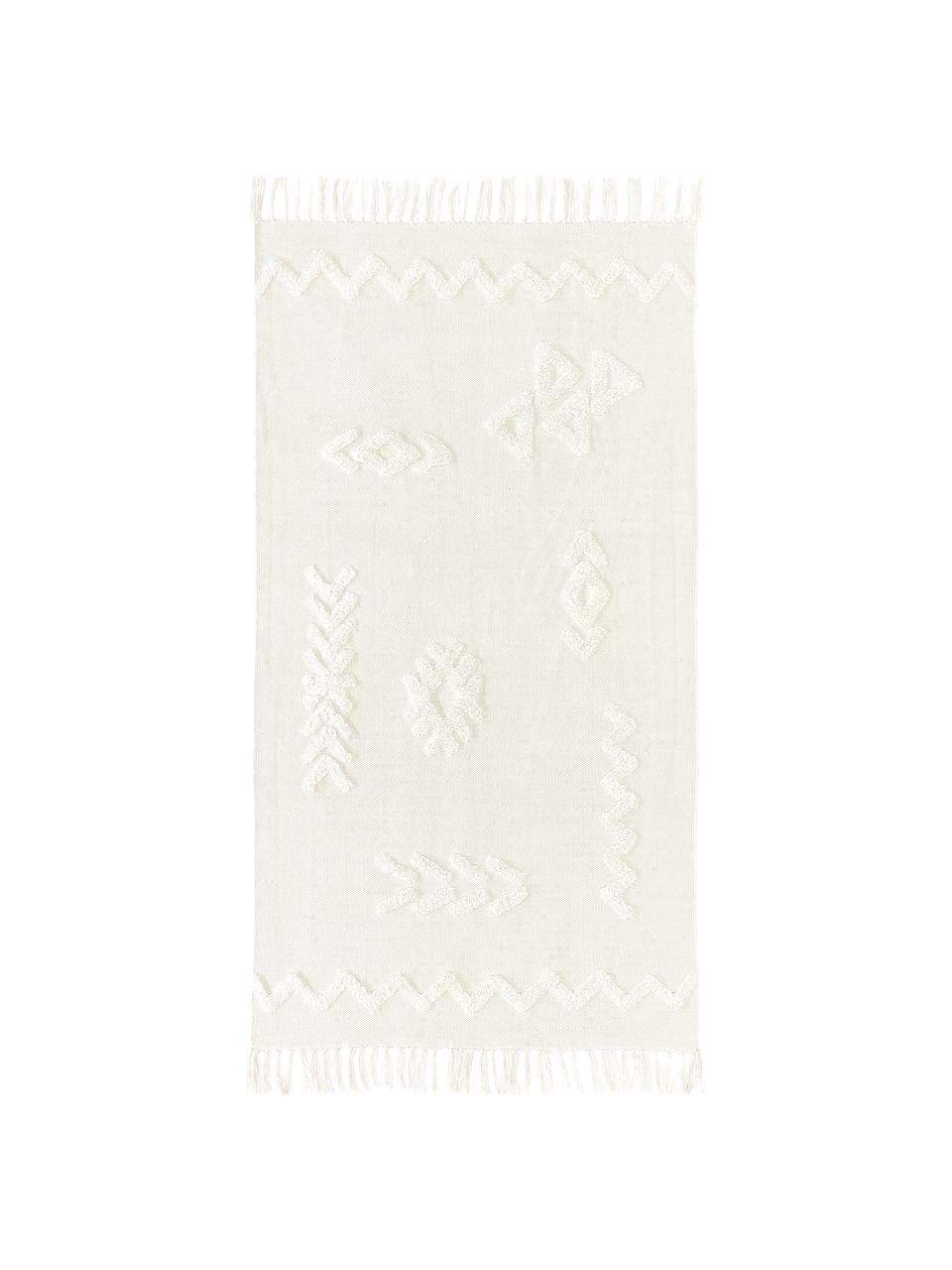 Handgewebter Baumwollteppich Fenna mit Hoch-Tief-Struktur und Fransen, 100% Baumwolle, Cremeweiss, B 80 x L 150 cm (Grösse XS)