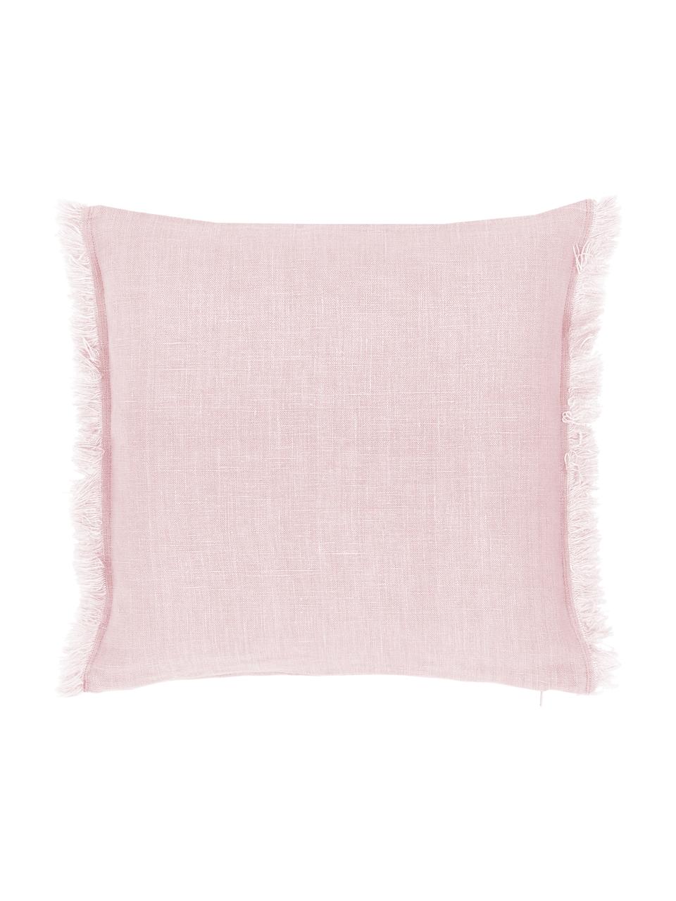 Federa arredo in lino rosa con frange Luana, 100% lino, Rosa cipria, Larg. 50 x Lung. 50 cm