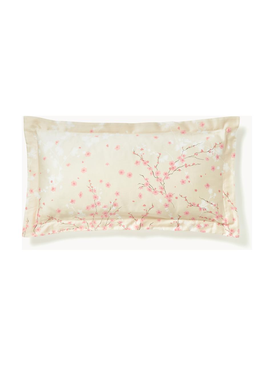 Baumwollsatin-Kopfkissenbezug Sakura mit Blumen-Print, Webart: Satin Fadendichte 250 TC,, Hellbeige, Hellrosa, Weiss, B 65 x L 65 cm