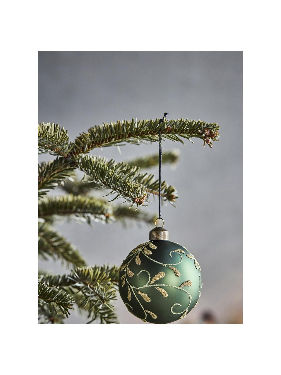 Boules de Noël peintes à la main Flori, 4 pièces, Verre, Vert foncé, doré, Ø 8 cm