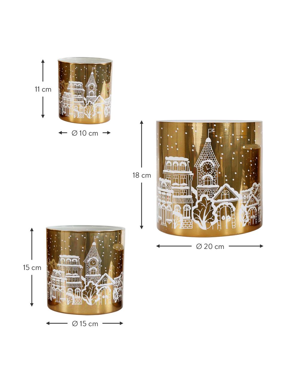 Set de portavelas Winter Wonderland, 3 uds., Vidrio, Dorado, blanco, Set de diferentes tamaños