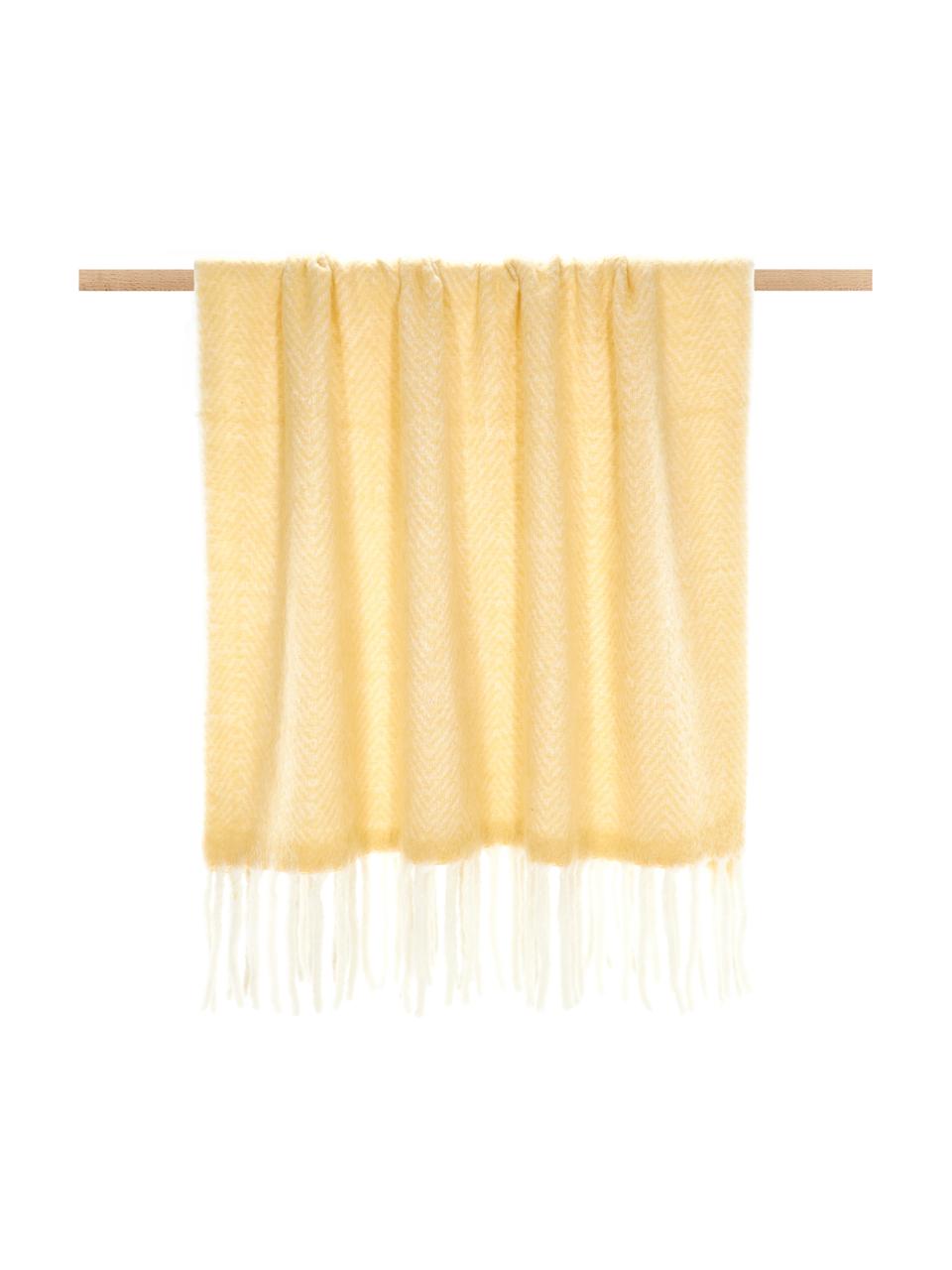 Plaid en laine jaune avec franges Mathea, 60 % laine, 25 % acrylique, 15 % nylon, Jaune, couleur crème, long. 170 x larg. 130 cm