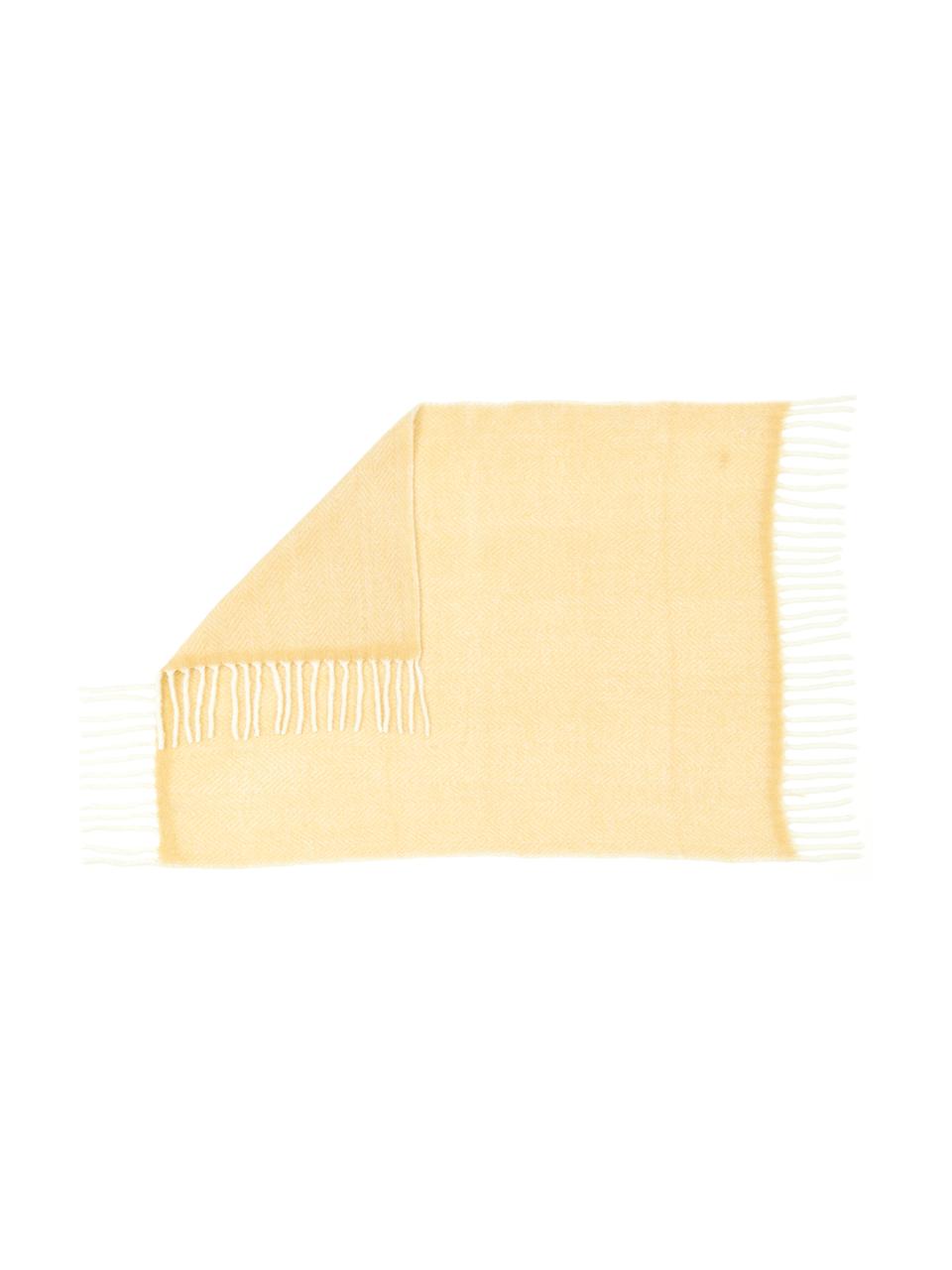 Plaid en laine jaune avec franges Mathea, 60 % laine, 25 % acrylique, 15 % nylon, Jaune, couleur crème, long. 170 x larg. 130 cm