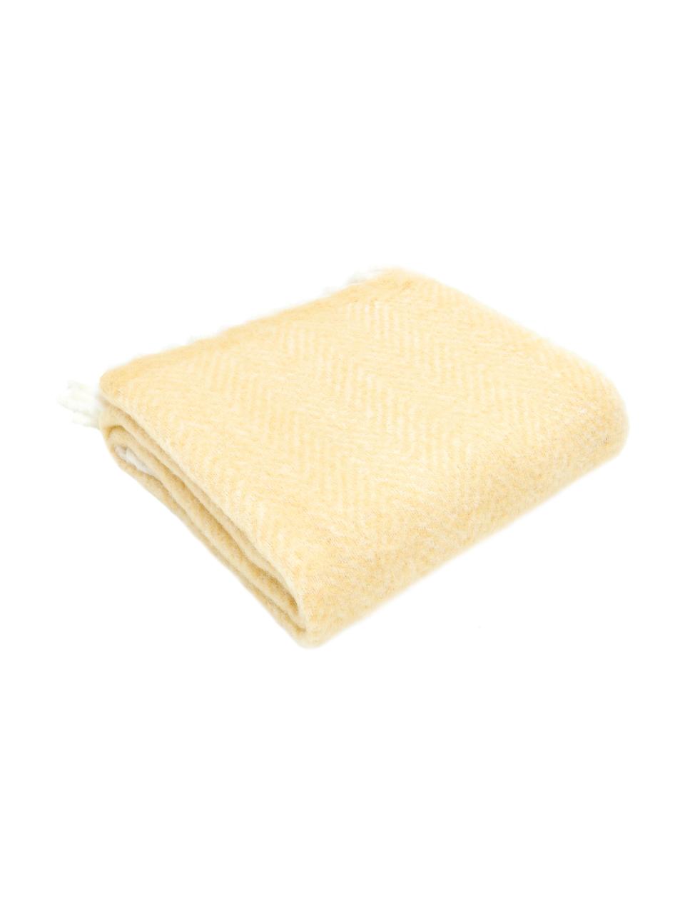 Manta de lana con flecos Mathea, 60% lana, 25% acrílico, 15% nylon, Amarillo, crema, L 170 x An 130 cm