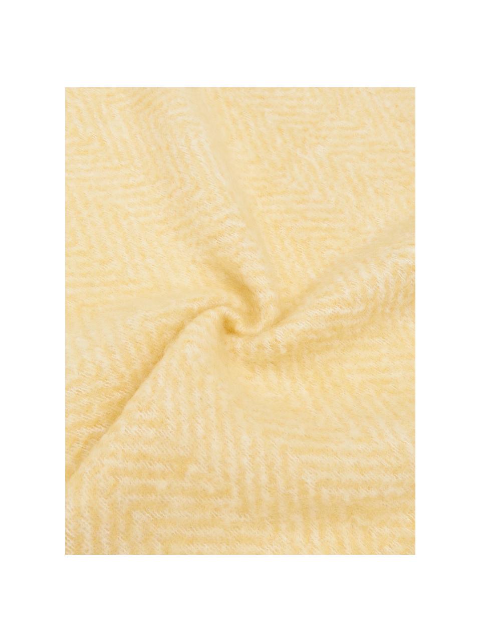 Coperta in lana gialla con frange Mathea, 60% lana, 25% acrilico, 15% nylon, Giallo, color crema, Lung. 170 x Larg. 130 cm
