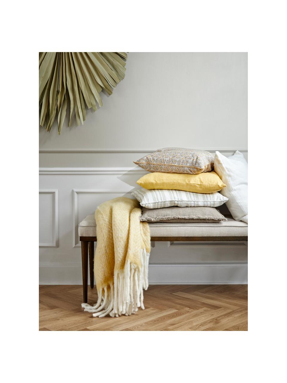Plaid en laine jaune avec franges Mathea, 60 % laine, 25 % acrylique, 15 % nylon, Jaune, couleur crème, long. 170 x larg. 130 cm
