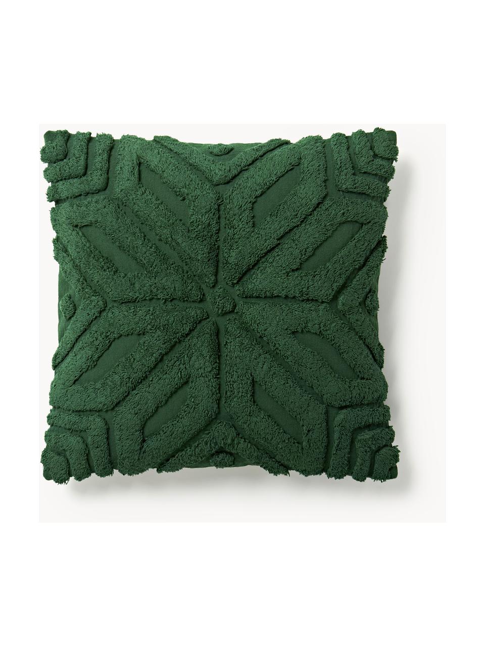 Housse de coussin en coton avec motif hivernal Nira, 100 % coton, Vert foncé avec motif de flocons de neige, larg. 45 x long. 45 cm