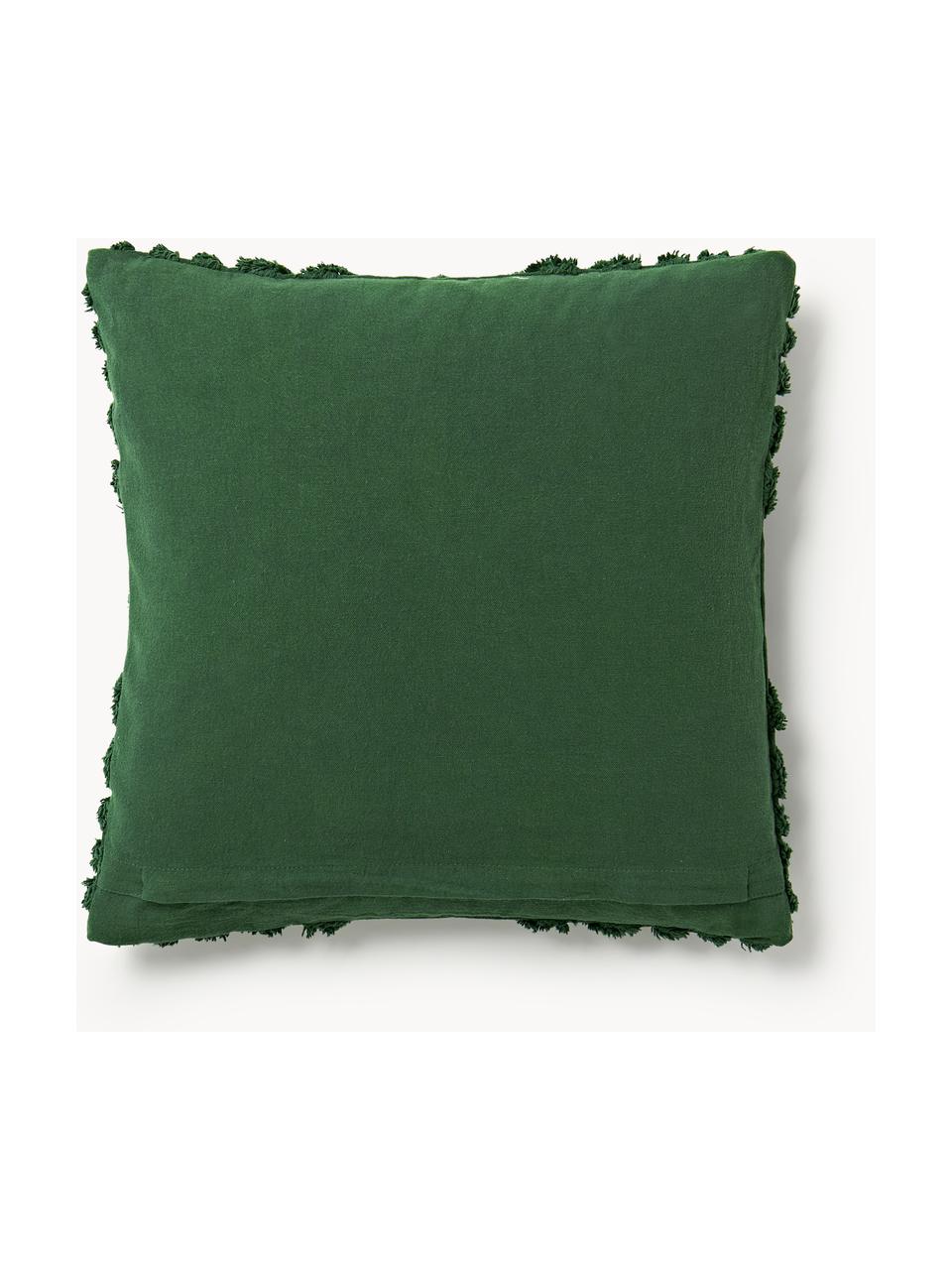 Housse de coussin en coton avec motif hivernal Nira, 100 % coton, Vert foncé avec motif de flocons de neige, larg. 45 x long. 45 cm