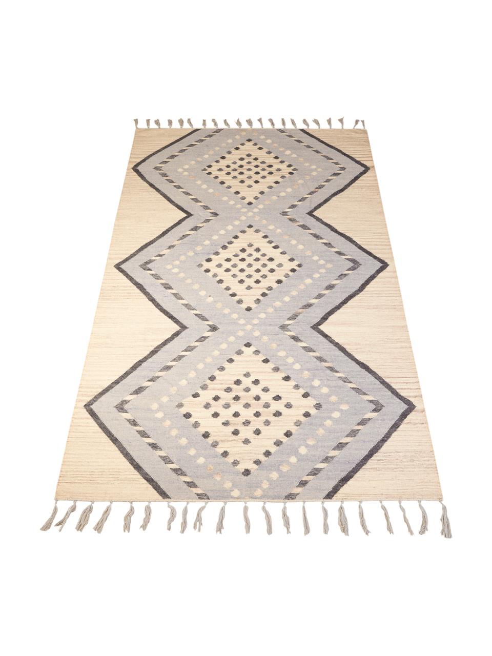Vzorovaný vlnený koberec so strapcami Jazmin, Béžová, sivomodrá, tmavosivá