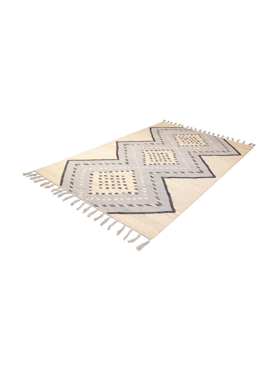 Tapis en laine Jazmin, Beige, gris-bleu, gris foncé