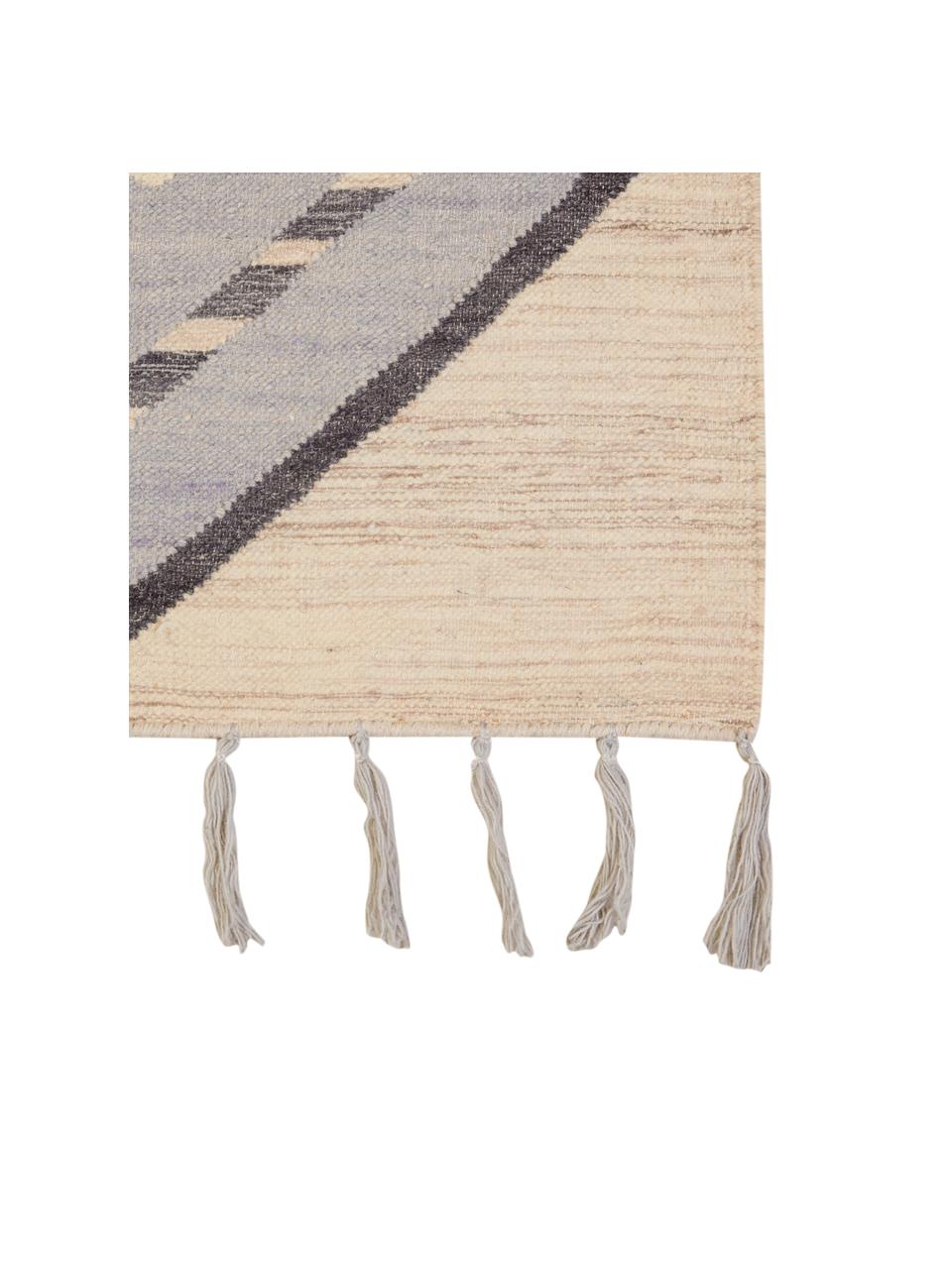 Wollen vloerkleed Jazmin met franjes en patroon, 80% wol, 20% katoen, Beige, grijsblauw, donkergrijs, B 160 x L 220 cm (maat M)