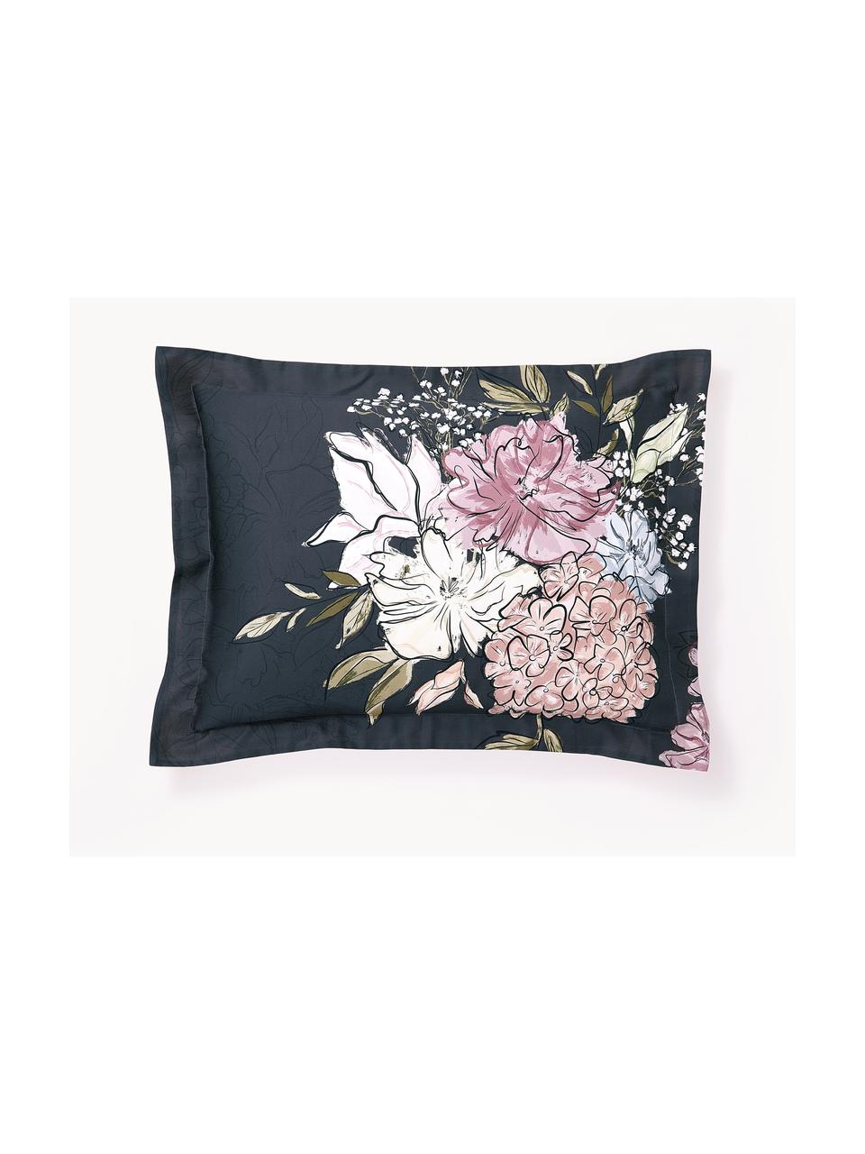 Baumwollsatin-Kopfkissenbezug Margot mit Blumen-Print, Webart: Satin Fadendichte 210 TC,, Dunkelblau, Hellbeige, B 40 x L 80 cm