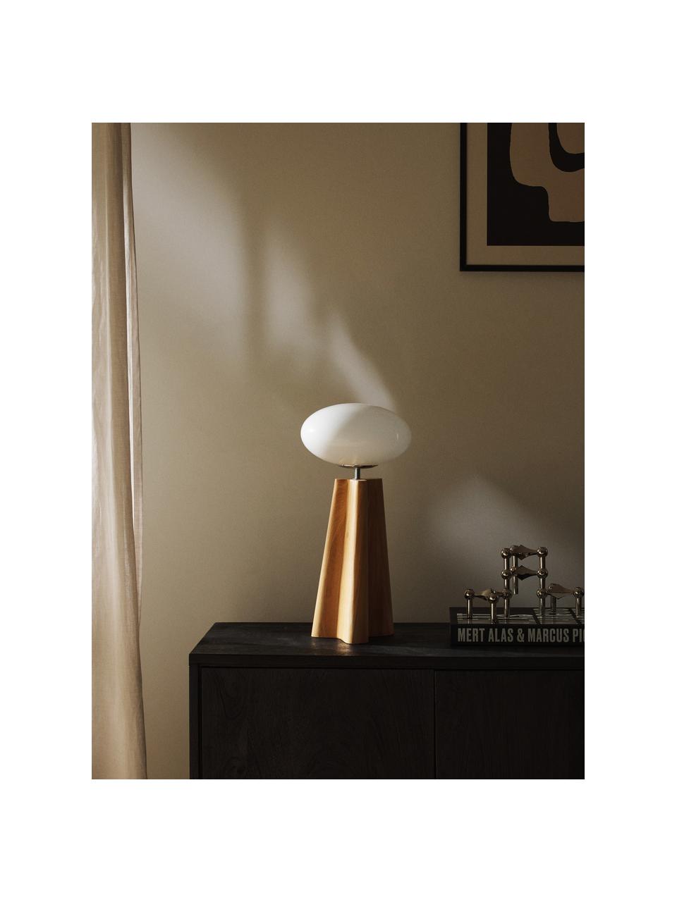 Tischlampe Aino aus Eschenholz, Lampenschirm: Glas, Lampenfuß: Eschenholz, Helles Holz, Weiß, Ø 23 x H 48 cm