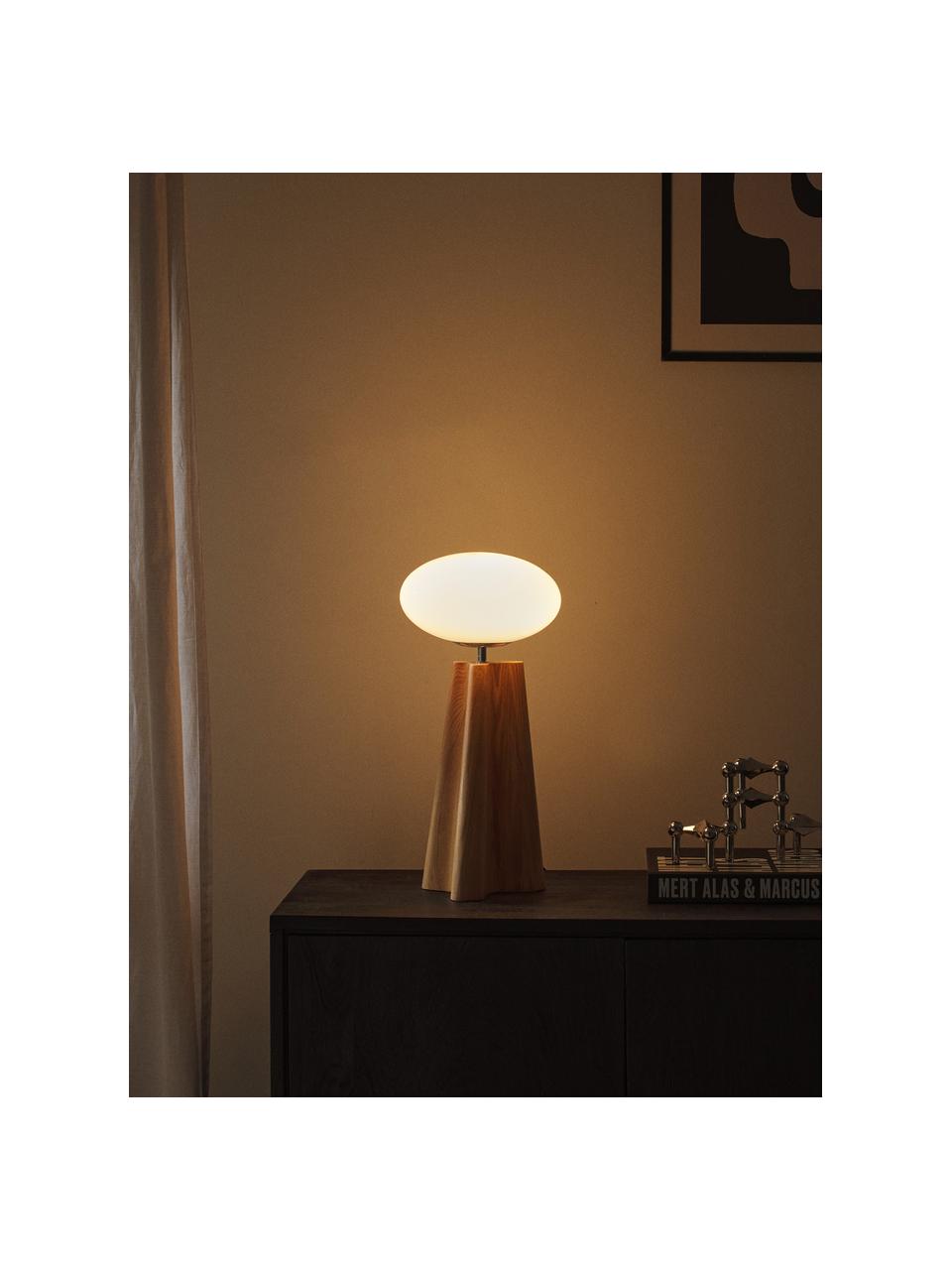 Tafellamp Aino van essenhout, Lampenkap: glas, Lampvoet: essenhout, Licht hout, wit, Ø 23 x H 48 cm