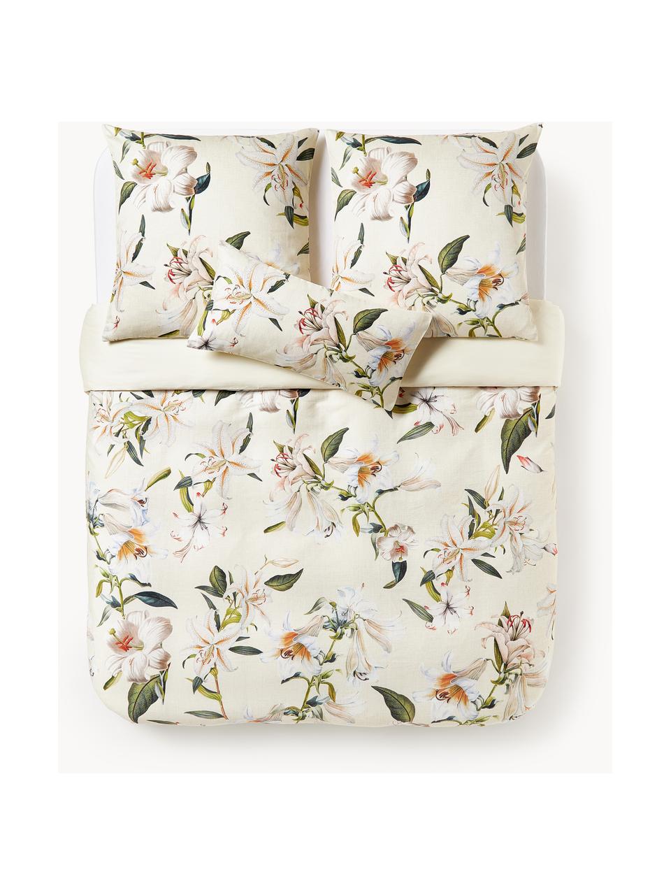 Baumwollsatin-Bettdeckenbezug Flori mit Blumen-Print, Webart: Satin Fadendichte 210 TC,, Hellbeige, Mehrfarbig, B 200 x L 200 cm