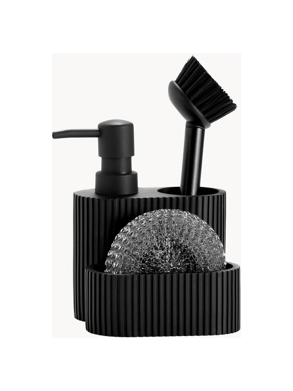 Afwasmiddeldispenser Poly met spons, set van 3, Houder: polyresin, Spons: edelstaal, Zwart, B 12 x H 19 cm