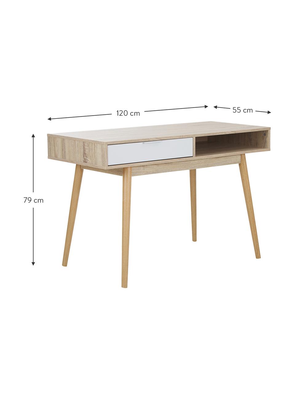 Bureau Samo in eikenhoutlook, Tafelblad: spaanplaat, in folie, Poten: eikenhout, Eikenhoutkleurig, wit, 120 x 79 cm