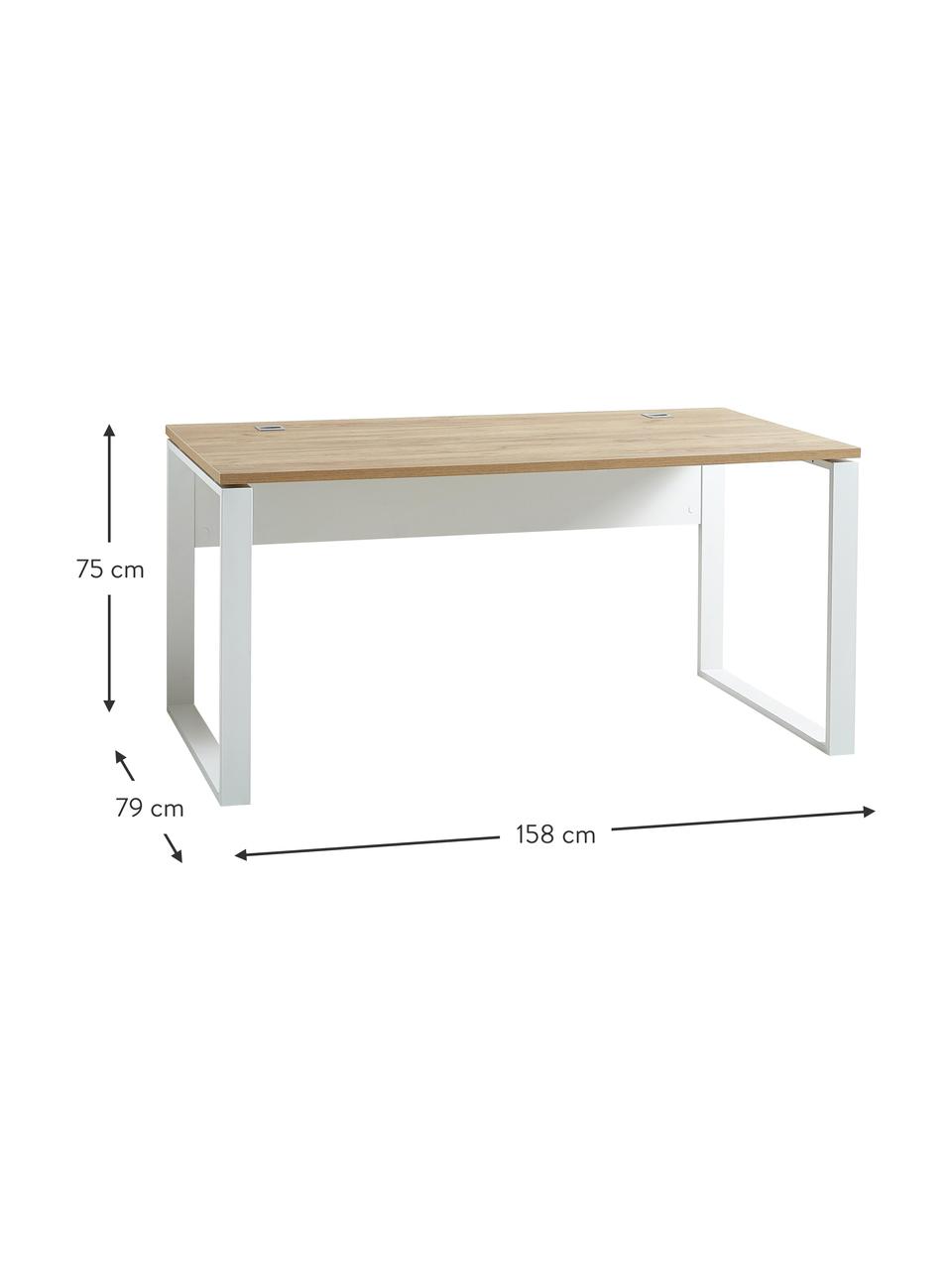 Bureau Lioni van hout en metaal, Tafelblad: spaanplaat met folie van , Frame: gepoedercoat metaal, Wit, hout met Navarra eikeneffect, B 158 x D 79 cm