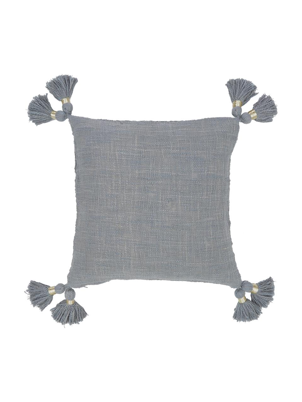 Housse de coussin en coton bio grossièrement tissé à houppes Fly, Gris clair