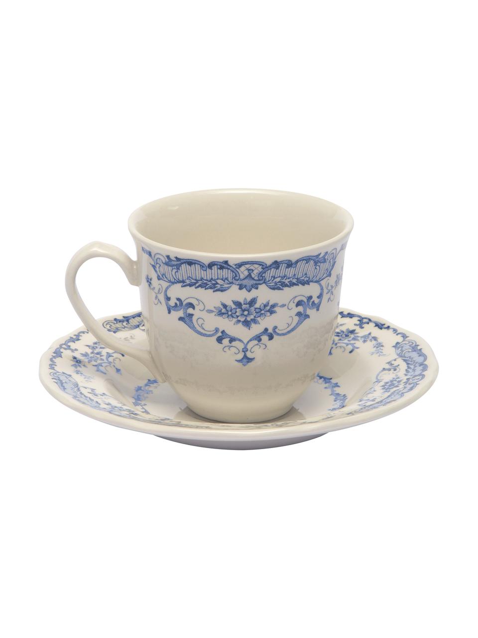Tazas de té con platitos Rose, 2 uds., Cerámica, Blanco, azul, Ø 9 x Al 8 cm, 250 ml