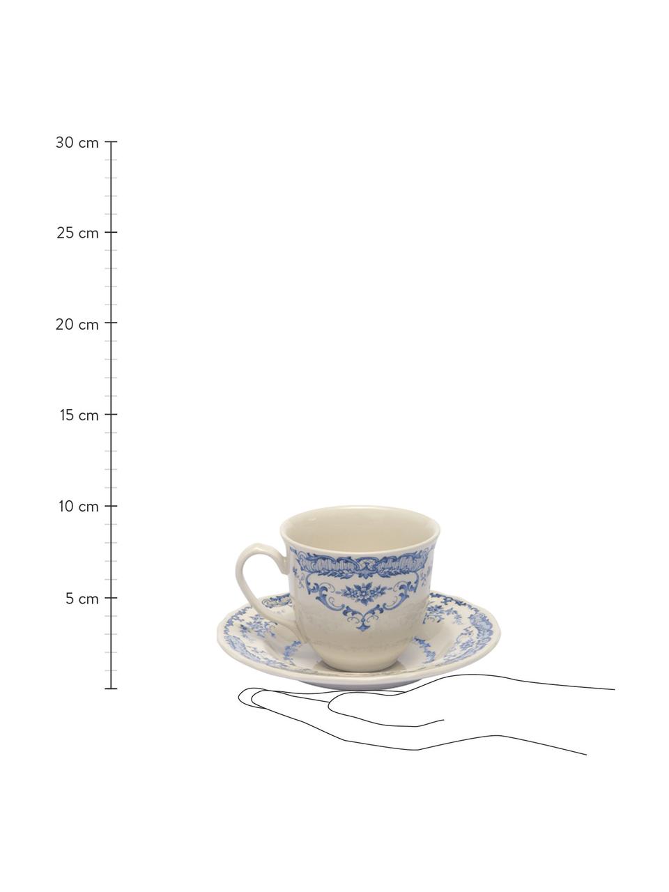 Teetassen mit Untertassen Rose mit Blumenmuster in Weiß/Blau, 2 Stück , Keramik, Weiß, Blau, Ø 9 x H 8 cm, 250 ml