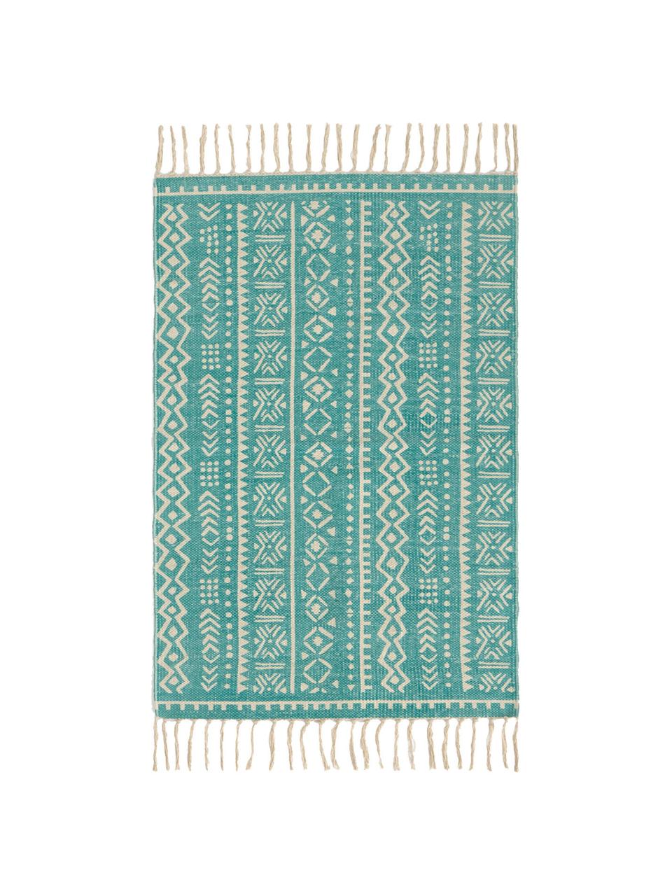 Tapis ethnique turquoise Afra, Turquoise, blanc cassé