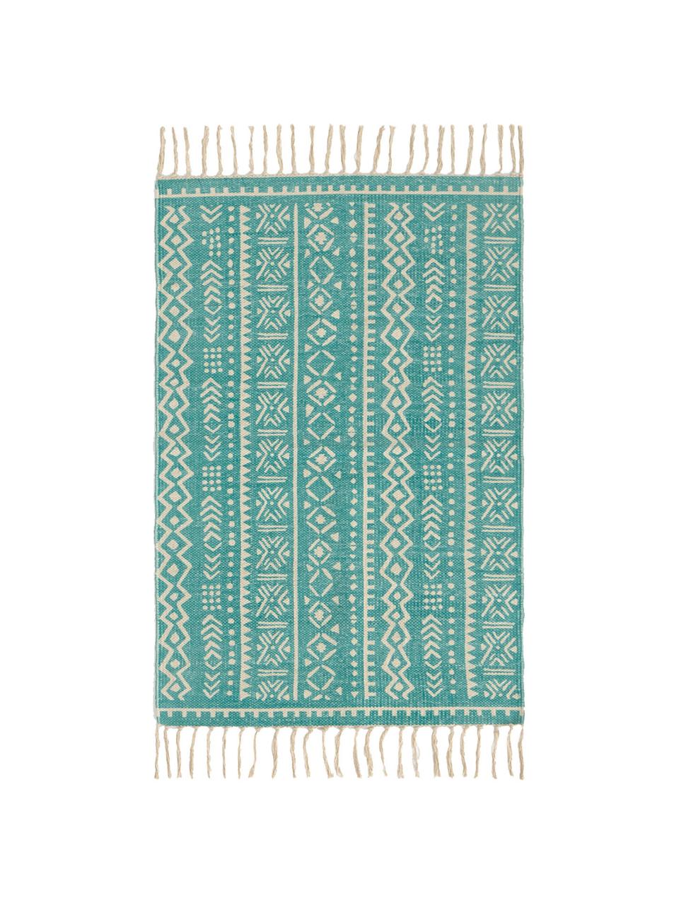 Vloerkleed Afra met grafisch patroon in turquoise-wit, 100% katoen, Turquoise, gebroken wit, B 60 x L 90 cm (maat XXS)