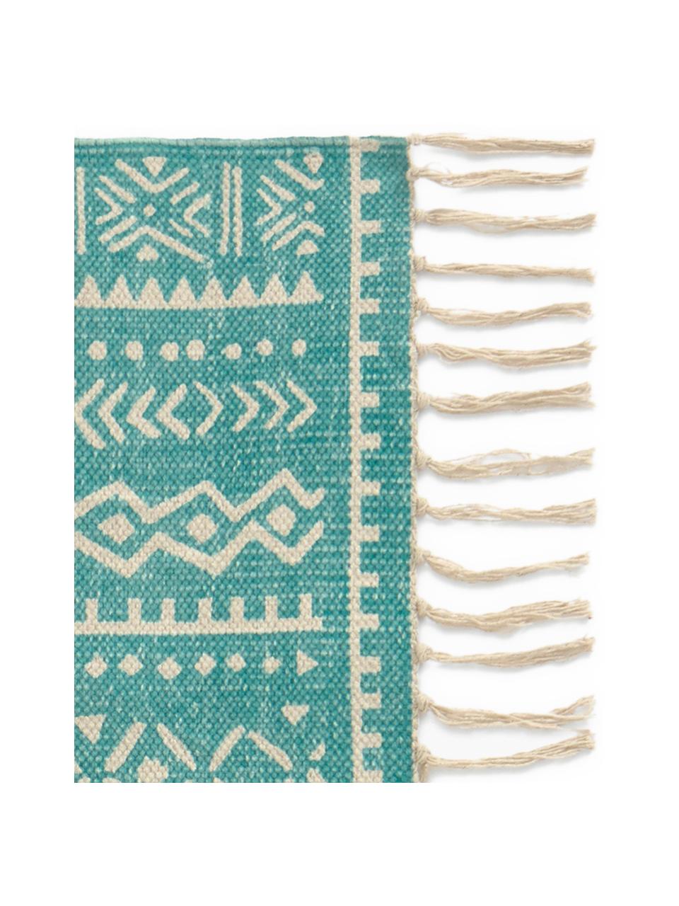 Teppich Afra mit grafischem Muster in Türkis-Weiß, 100% Baumwolle, Türkis, Gebrochenes Weiß, B 60 x L 90 cm (Größe XXS)