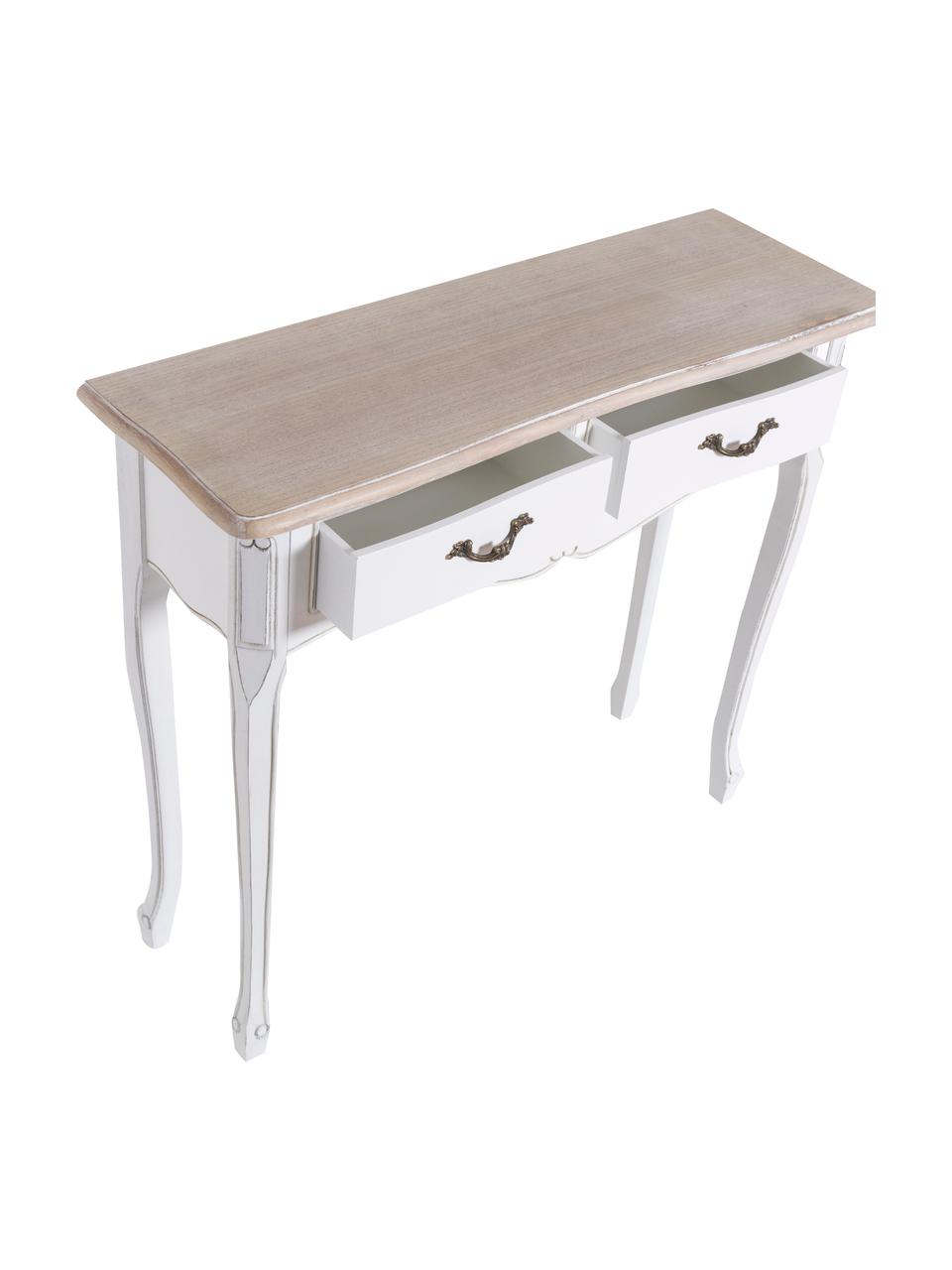 Consolle in legno di paulonia con 2 cassetti Provenza, Maniglie: metallo, Paralume: beige, bianco Base della lampada: bianco opaco Cavo: bianco, Larg. 90 x Prof. 30 cm