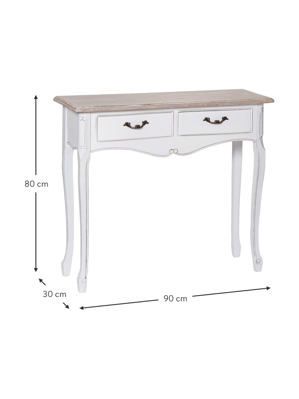 Consolle in legno di paulonia con 2 cassetti Provenza, Maniglie: metallo, Paralume: beige, bianco Base della lampada: bianco opaco Cavo: bianco, Larg. 90 x Prof. 30 cm