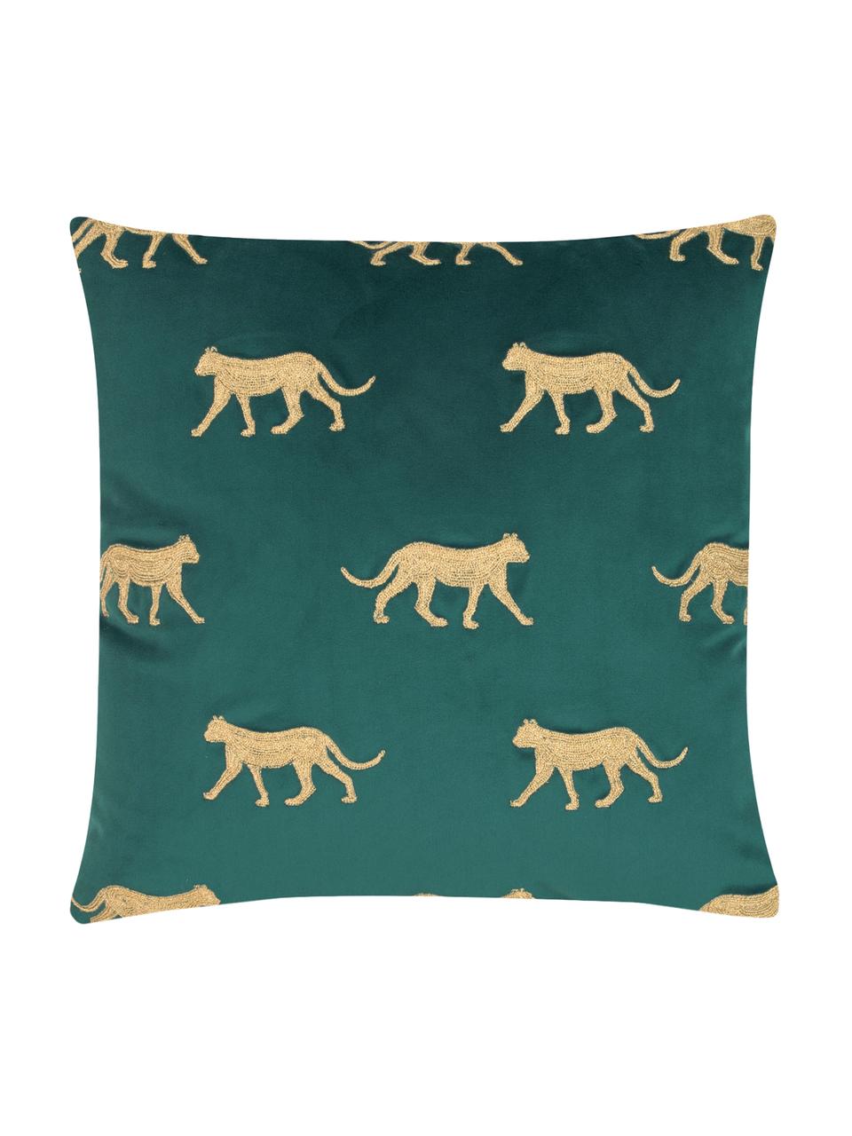 Geborduurde fluwelen kussenhoes Cheetah in groen/goudkleur, Polyester fluweel, Donkergroen, goudkleurig, B 40 x L 40 cm