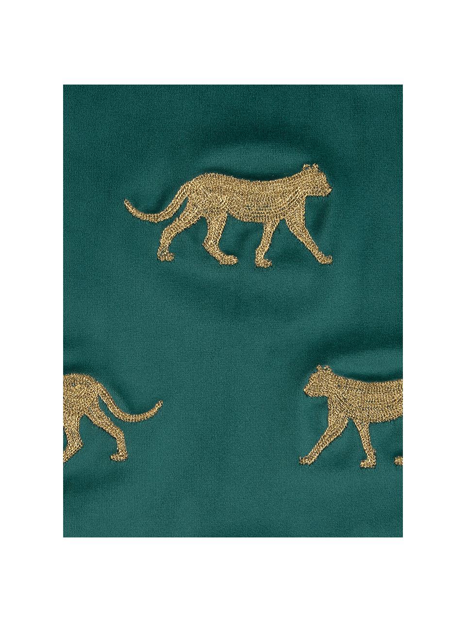 Geborduurde fluwelen kussenhoes Cheetah in groen/goudkleur, Polyester fluweel, Donkergroen, goudkleurig, B 40 x L 40 cm