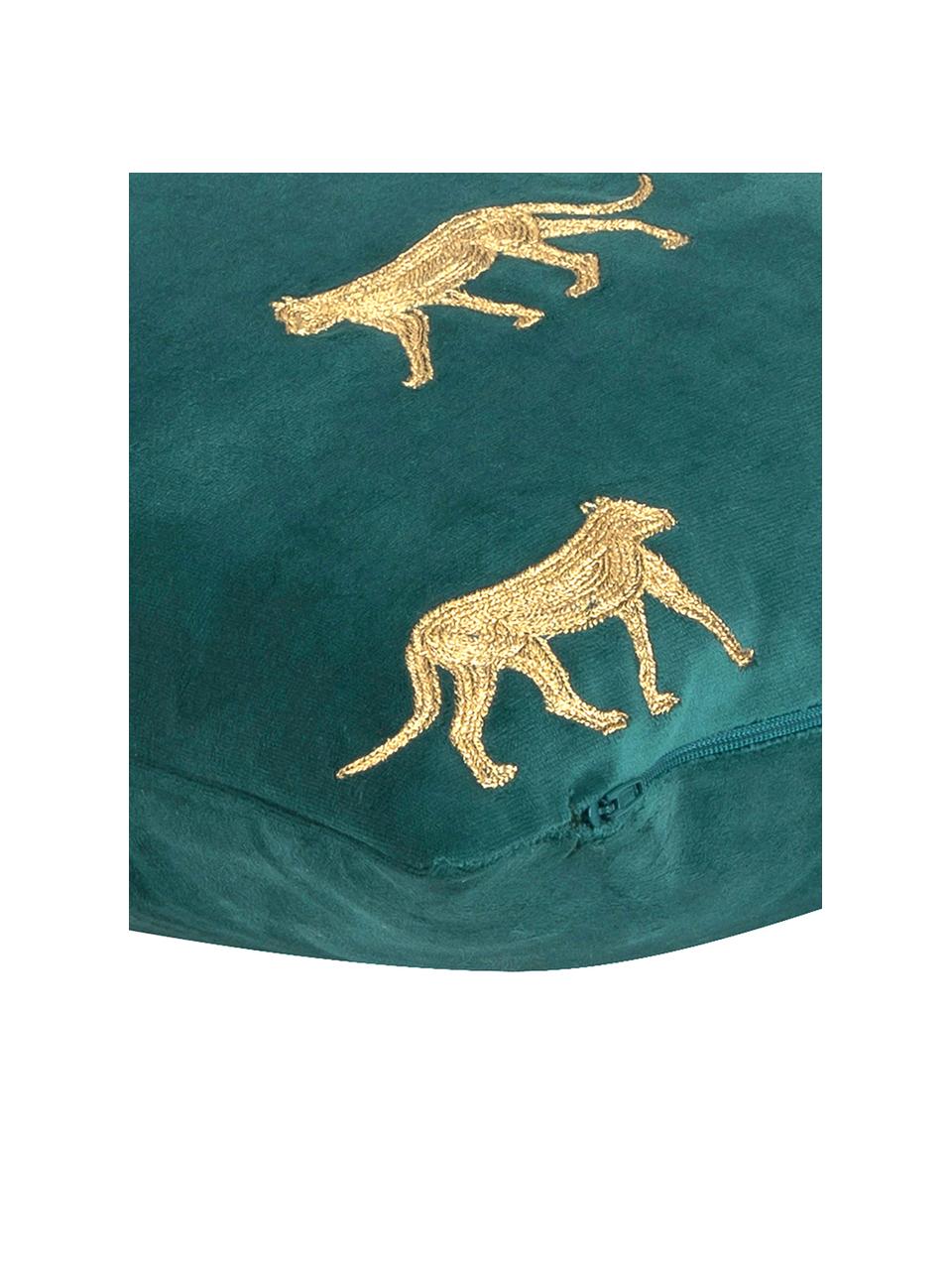 Geborduurde fluwelen kussenhoes Cheetah in groen/goudkleur, Polyester fluweel, Donkergroen, goudkleurig, B 40 x L 40 cm