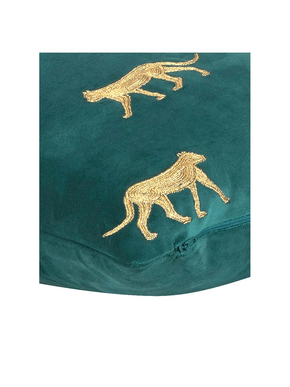 Vyšívaný zamatový poťah na vankúš Cheetah, zelená/zlatá, Polyesterový zamat, Tmavozelená, odtiene zlatej, Š 40 x D 40 cm