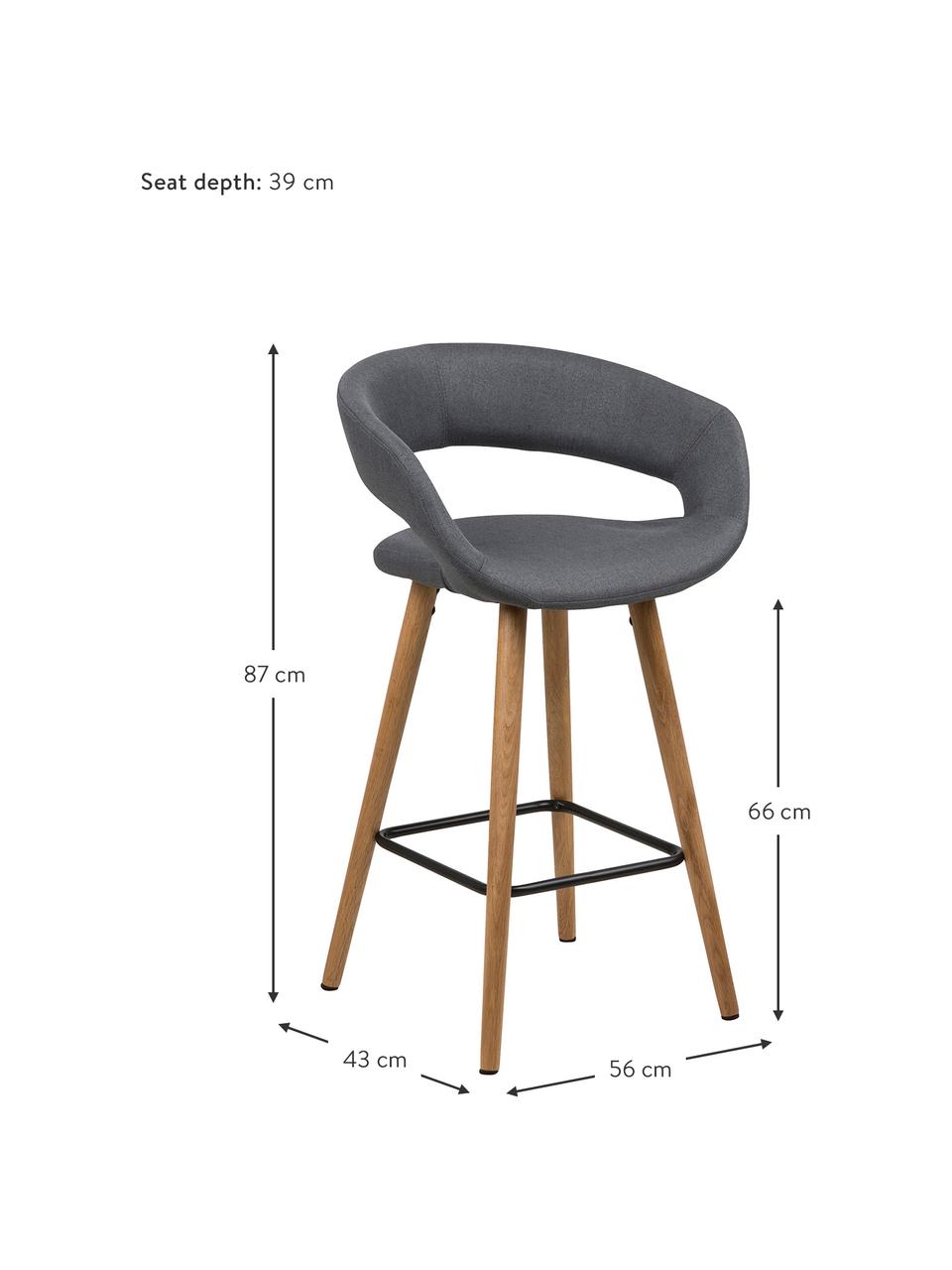 Sedia da bar Grace 2 pz, Rivestimento: poliestere, Gambe: legno di quercia, oliato, Rivestimento: grigio scuro Gambe: legno di quercia Poggiapiedi: nero, Larg. 56 x Alt. 87 cm
