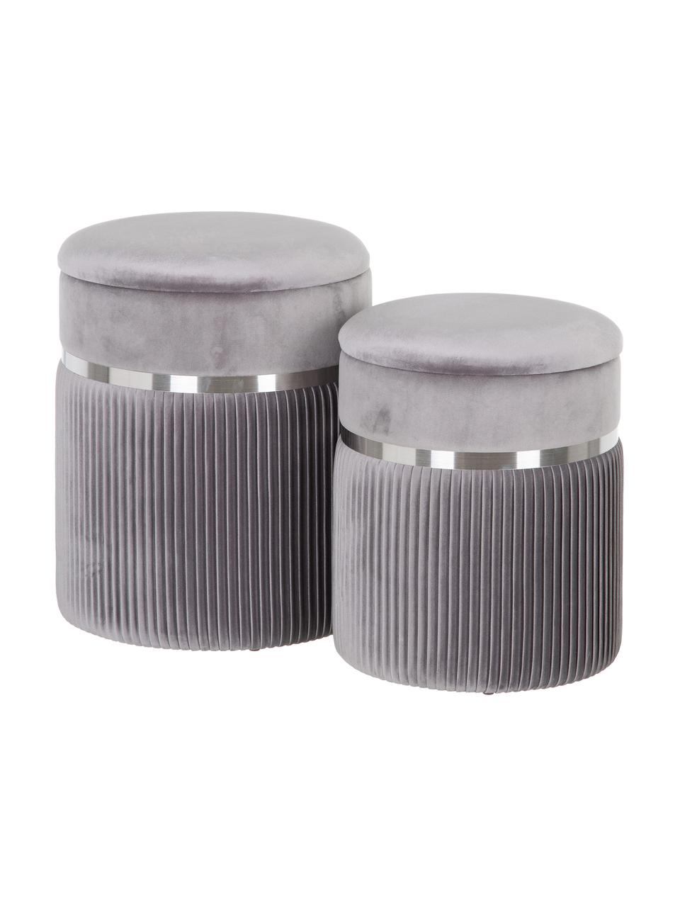 Pouf coffre rond en velours Chest, 2 élém., Gris, couleur argentée, Lot de différentes tailles