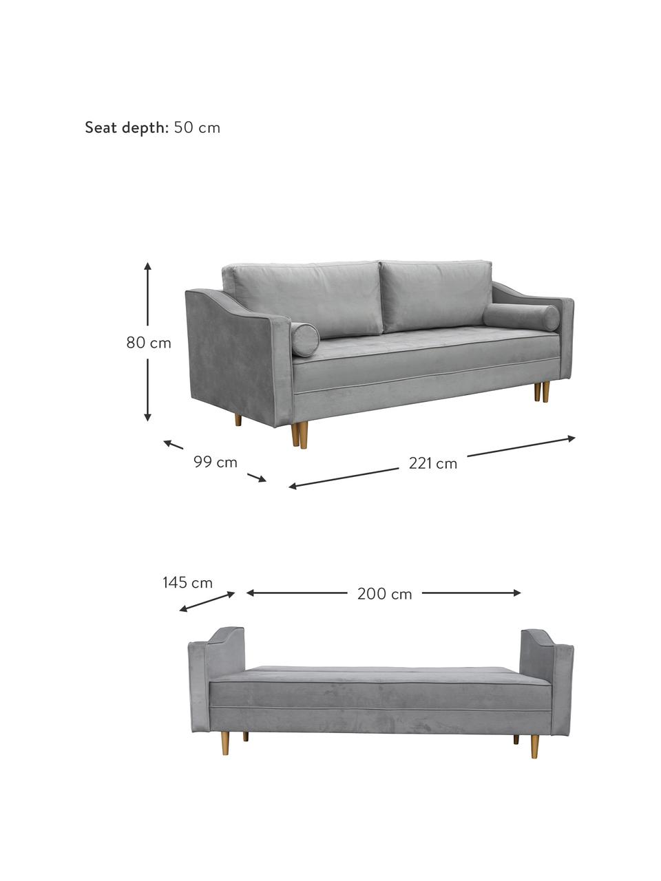 Divano letto 2 posti in velluto grigio Zoja, Rivestimento: 100% velluto di poliester, Struttura: legno, molle a onda, Piedini: legno laccato, Grigio, Larg. 221 x Prof. 99 cm