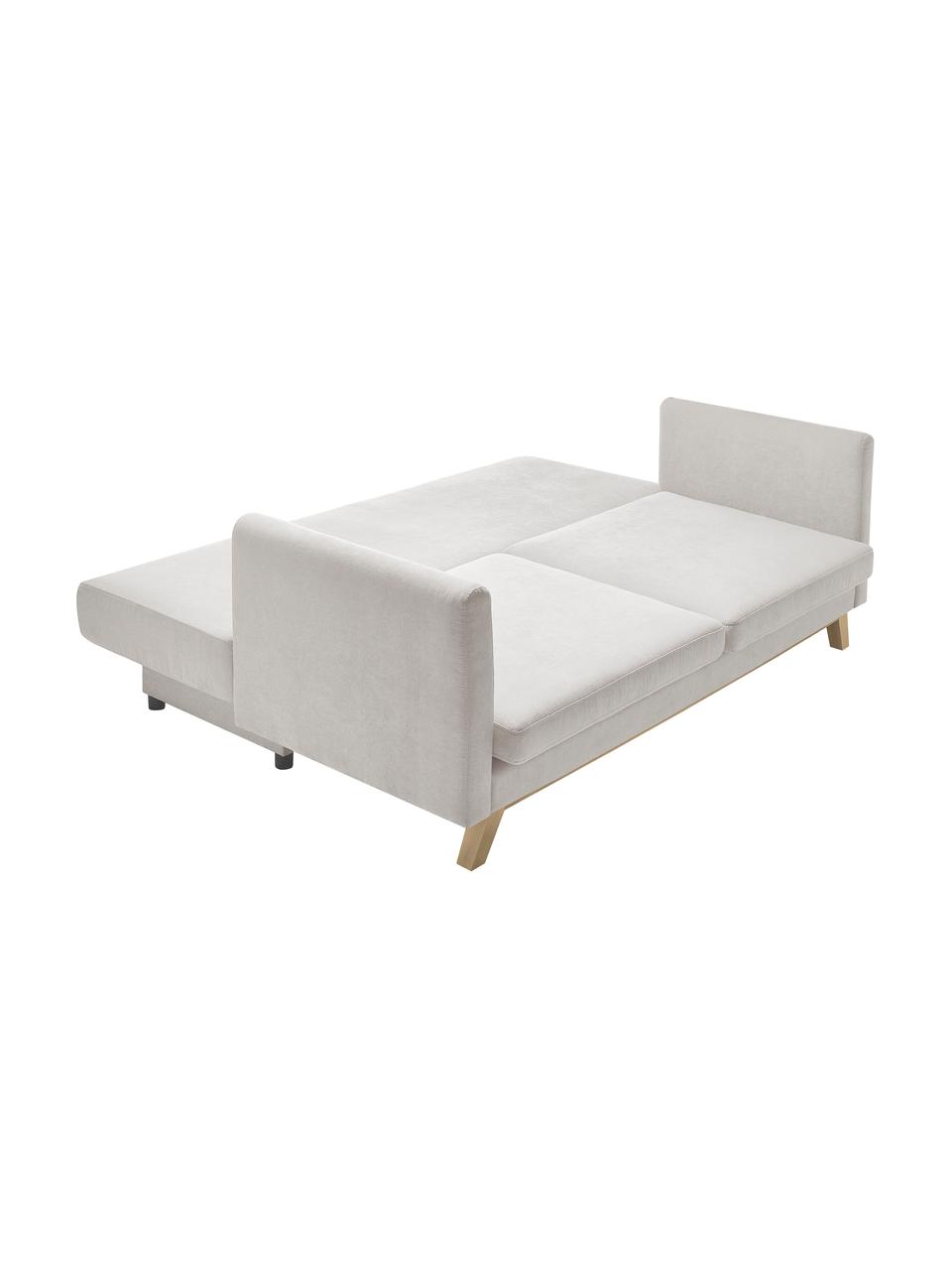 Divano letto 3 posti in velluto beige con contenitore Triplo, Rivestimento: 100% poliestere con effet, Piedini: metallo verniciato, Cornice: legno massiccio e truciol, Tessuto beige, legno chiaro, Larg. 216 x Alt. 105 cm