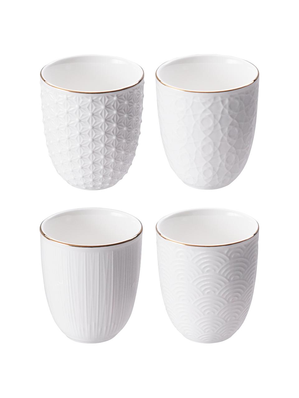 Set de tazas artesanales de porcelana Nippon, 4 pzas., Porcelana, Blanco con borde dorado, Ø 7 x Al 7 cm, 160 ml