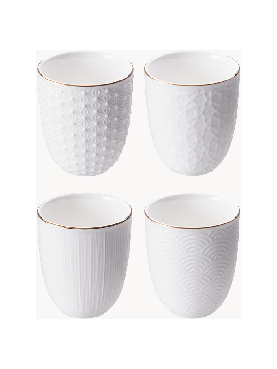 Set 4 tazze in porcellana con struttura e bordo dorato fatte a mano Nippon, Porcellana, Bianco con bordo oro, Ø 7 x Alt. 7 cm, 160 ml