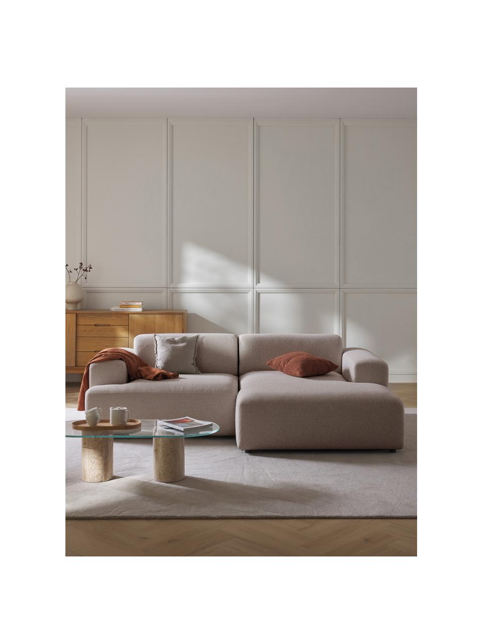 Canapé d'angle 3 places Melva, Tissu taupe, larg. 238 x prof. 143 cm, méridienne à droite