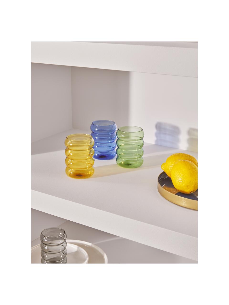 Mundgeblasene Wassergläser Bubbly, 4er-Set, Borosilikatglas, Blau, Grau, Gelb, Grün, Ø 8 x H 10 cm