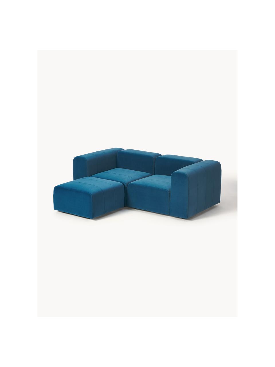 Canapé modulable 3 places en velours avec pouf Lena, Velours bleu pétrole, larg. 209 x prof. 181 cm