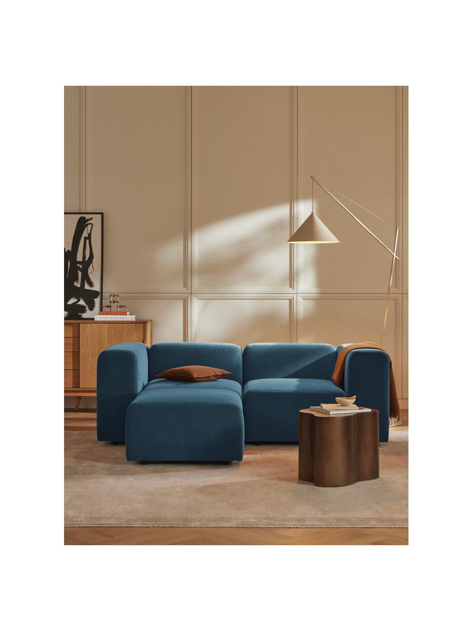 Canapé modulable 3 places en velours avec pouf Lena, Velours bleu pétrole, larg. 209 x prof. 181 cm