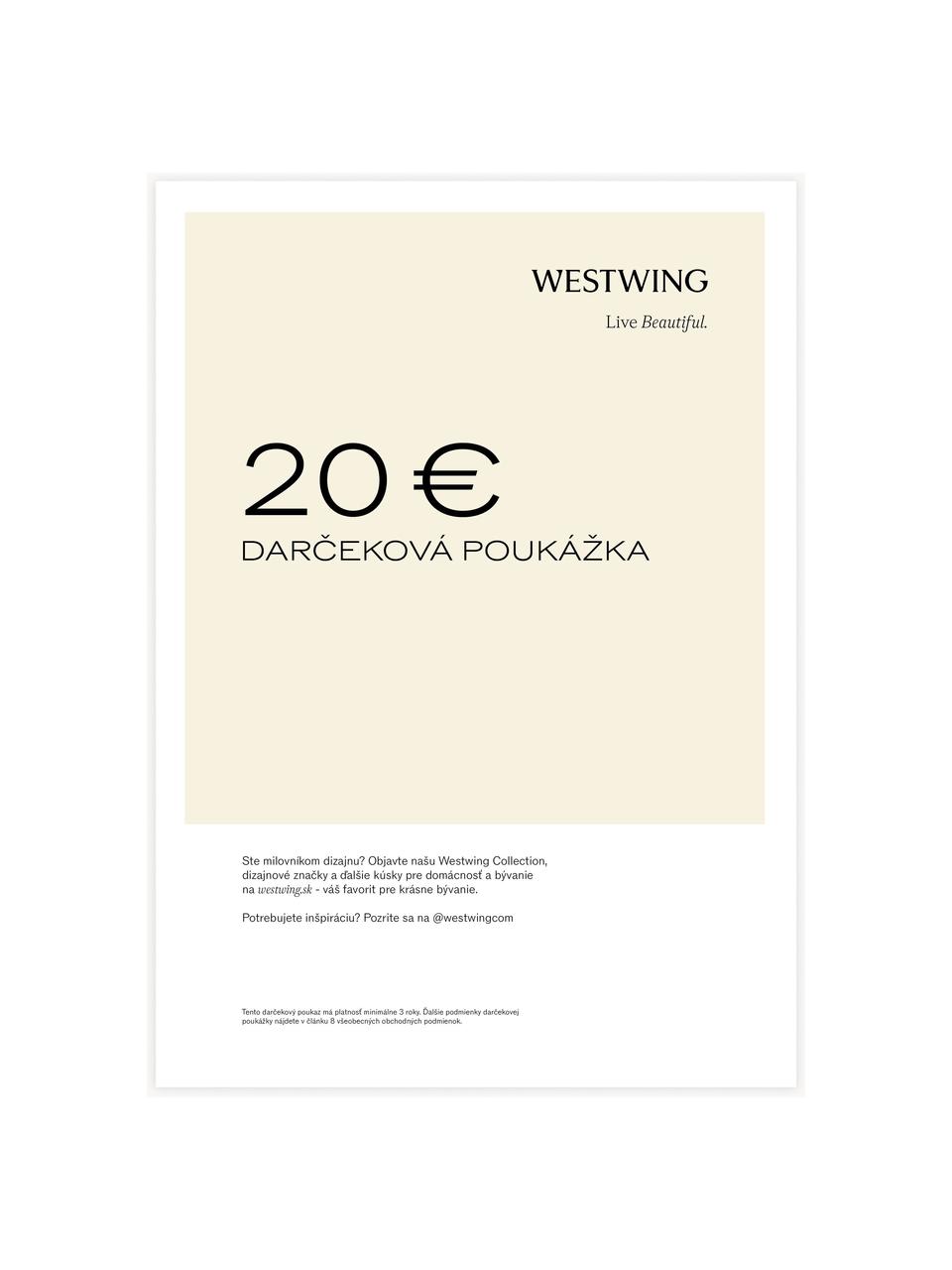 Poukaz na vytlačenie, Digitálny poukaz, ktorý si môžete vytlačiť a ihneď použiť! Po prijatí platby vám príde e-mail s odkazom na váš poukaz. Súbor PDF môžete jednoducho uložiť a vytlačiť., Krémovobiela, čierna, 20